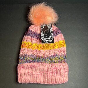 NWT Hots-Wing Womens Pink & Purple Striped Lined Beanie Hat w/ Pom Pom One Size